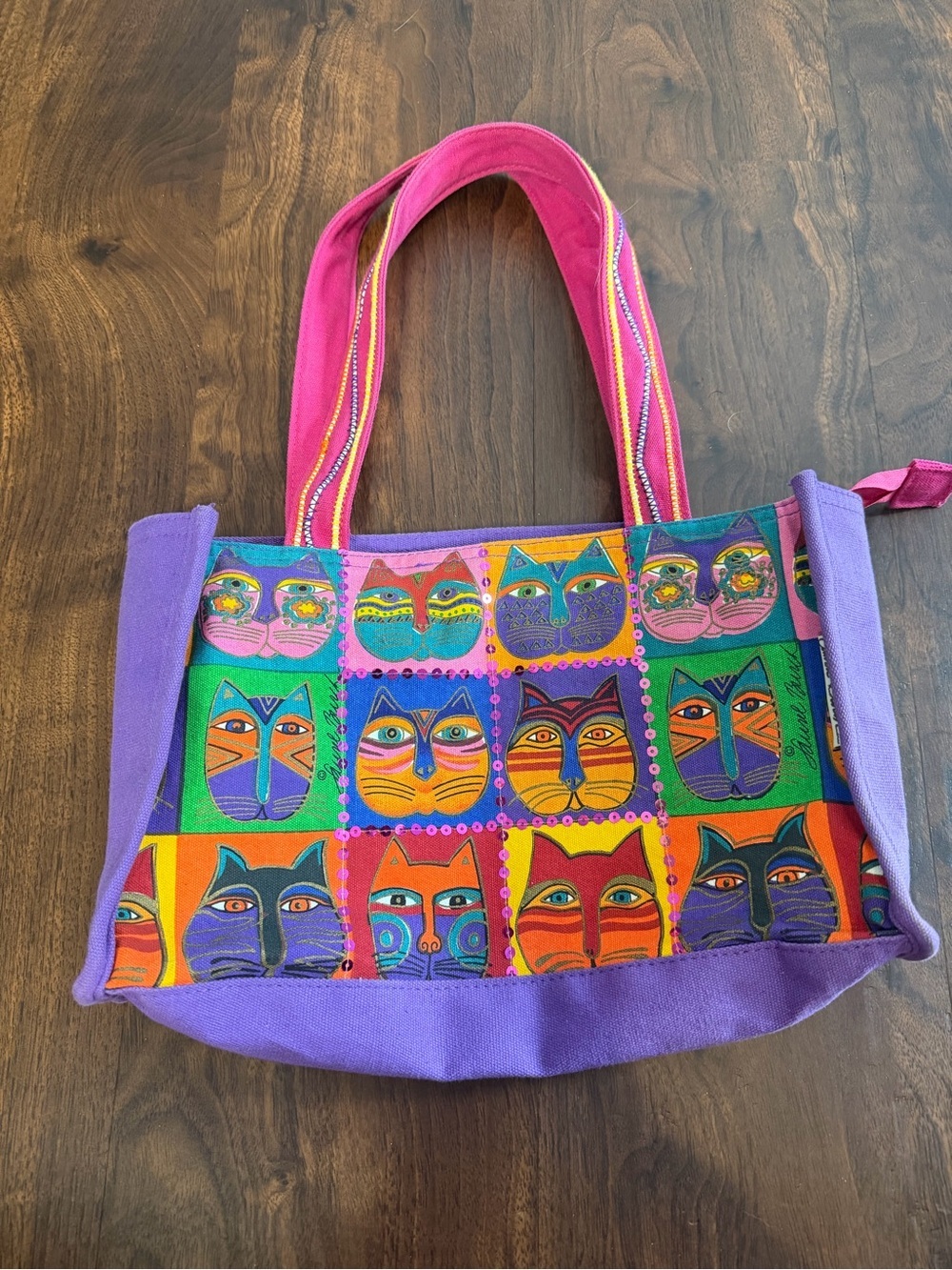 Laurel Burch Vintage Cat Face Handbag/Totebag with Sequin Accents
